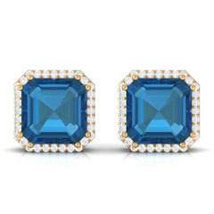 Asscher Cut London Blue Topaz and Diamond Halo Stud Earrings