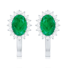 1.43 Carat Oval Cut Emerald and Diamond Halo Stud Earrings with Latch Back