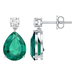 Pear Cut Created Emerald Teardrop Earrings with Moissanite