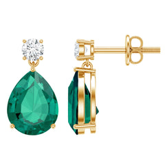 Pear Cut Created Emerald Teardrop Earrings with Moissanite