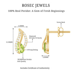 Natural Peridot Leaf Earrings with Diamond for Women