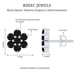 Natural Black Spinel Floral Cluster Stud Earrings