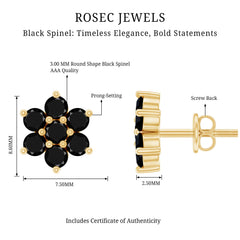 Natural Black Spinel Floral Cluster Stud Earrings