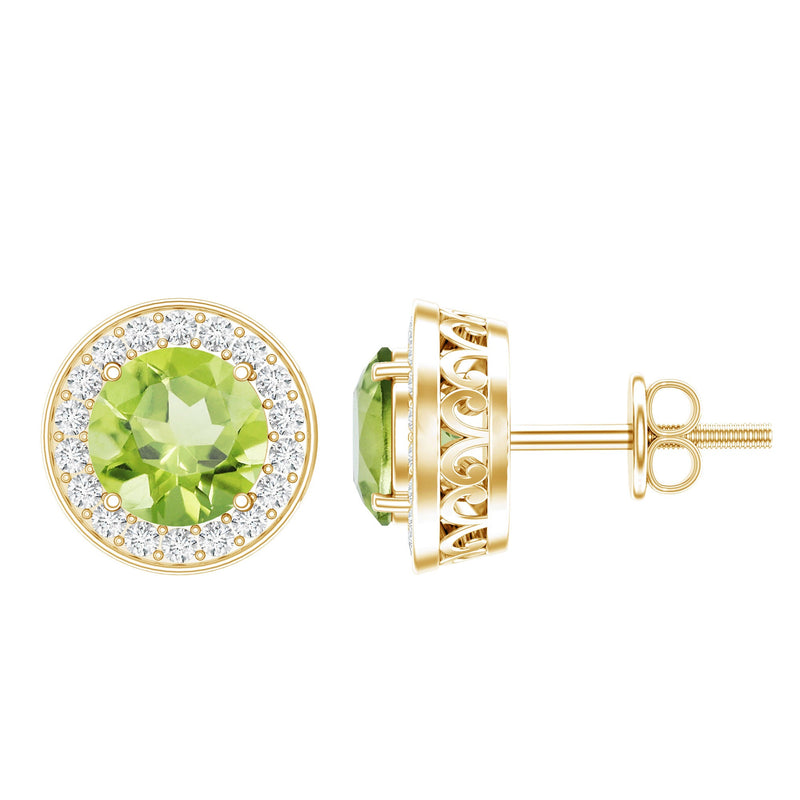 Natural 1.5 Carat Peridot Stud Earrings with Diamond Halo