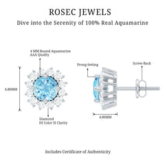 Genuine Aquamarine and Diamond Halo Stud Earrings