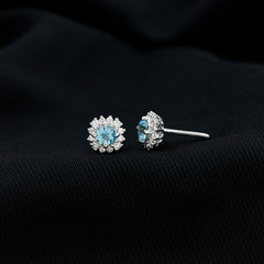 Genuine Aquamarine and Diamond Halo Stud Earrings