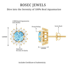 Genuine Aquamarine and Diamond Halo Stud Earrings