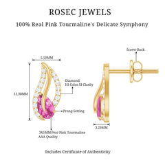 Natural Pink Tourmaline Leaf Earrings with Diamond