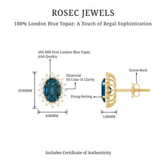 1.75 CT Oval Cut London Blue Topaz and Diamond Starburst Stud Earrings