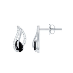Genuine Pear Shape Black Onyx leaf Stud Earrings With Certificate