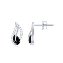 Genuine Pear Shape Black Onyx leaf Stud Earrings With Certificate