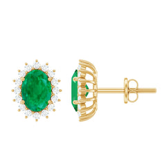 Natural 0.8 Carat Oval Cut Emerald and Diamond Earrings