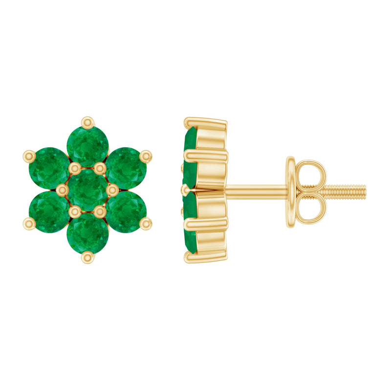 Natural Emerald Flower Stud Earrings with Screw Back