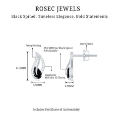 Pear Shape Black Spinel and Diamond Leaf Stud Earrings