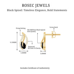 Pear Shape Black Spinel and Diamond Leaf Stud Earrings