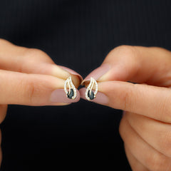 Pear Shape Black Spinel and Diamond Leaf Stud Earrings
