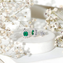 Classic Emerald Stud Earrings with Diamond Halo