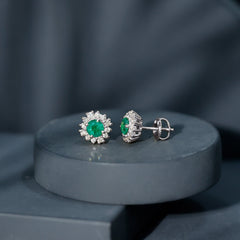 Classic Emerald Stud Earrings with Diamond Halo