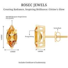Natural 1.48 Carat Marquise Cut Citrine Stud Earrings