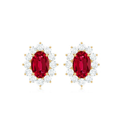 Oval Shape Lab Created Ruby and Diamond Halo Stud Earrings
