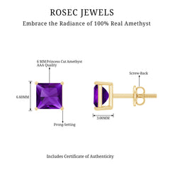 Natural Amethyst Princess Cut Earrings with Screw Back