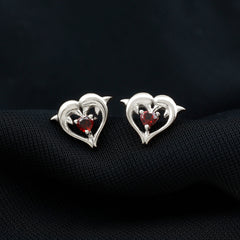 Heart Shape Garnet Kissing Dolphin Stud Earrings