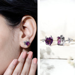 Heart Shape Amethyst and Diamond Gothic Stud Earrings