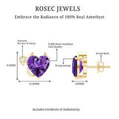 Heart Shape Amethyst and Diamond Gothic Stud Earrings