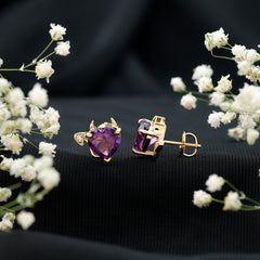 Heart Shape Amethyst and Diamond Gothic Stud Earrings