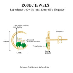 Genuine Emerald and Diamond Cat and Moon Stud Earrings