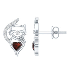 Heart Shape Garnet and Diamond Cat Stud Earrings