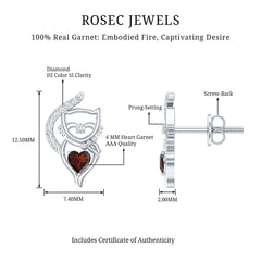 Heart Shape Garnet and Diamond Cat Stud Earrings