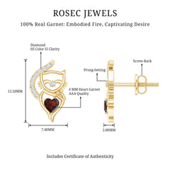 Heart Shape Garnet and Diamond Cat Stud Earrings
