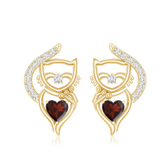 Heart Shape Garnet and Diamond Cat Stud Earrings