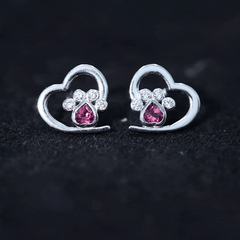 Heart Shape Pink Tourmaline and Diamond Dog Paw Stud Earrings