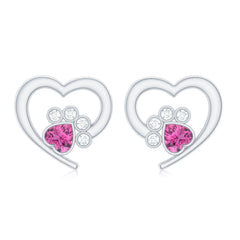 Heart Shape Pink Tourmaline and Diamond Dog Paw Stud Earrings