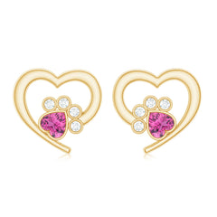 Heart Shape Pink Tourmaline and Diamond Dog Paw Stud Earrings