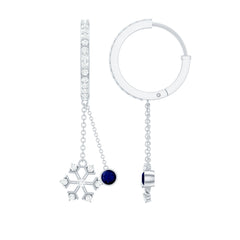 Real Blue Sapphire and Diamond Snowflake Dangle Hoop Earrings