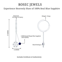 Real Blue Sapphire and Diamond Snowflake Dangle Hoop Earrings
