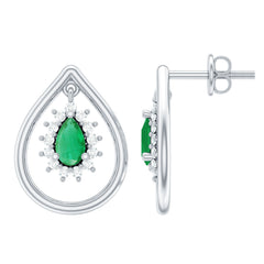 Real Emerald Teardrop Stud Earrings with Diamond Halo