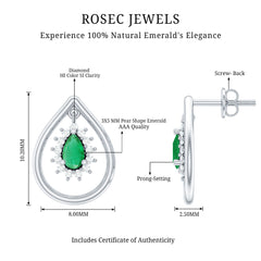 Real Emerald Teardrop Stud Earrings with Diamond Halo