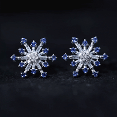 Lab Grown Blue Sapphire and Diamond Snowflake Stud Earrings