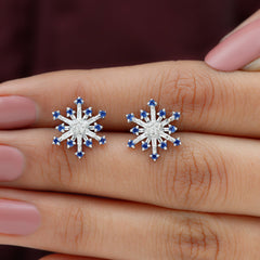 Lab Grown Blue Sapphire and Diamond Snowflake Stud Earrings
