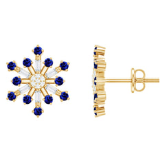 Lab Grown Blue Sapphire and Diamond Snowflake Stud Earrings