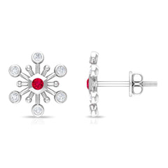 Created Ruby and Diamond Snowflake Contemporary Stud Earrings
