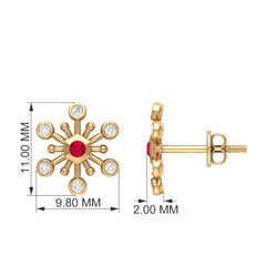 Created Ruby and Diamond Snowflake Contemporary Stud Earrings