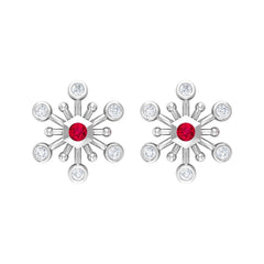 Created Ruby and Diamond Snowflake Contemporary Stud Earrings