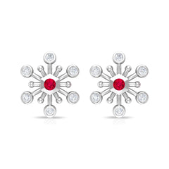 Created Ruby and Diamond Snowflake Contemporary Stud Earrings