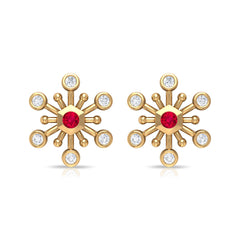 Created Ruby and Diamond Snowflake Contemporary Stud Earrings