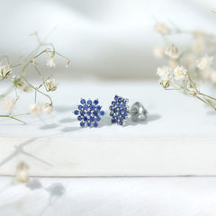Flower Inspired Lab Grown Blue Sapphire Cluster Stud Earrings